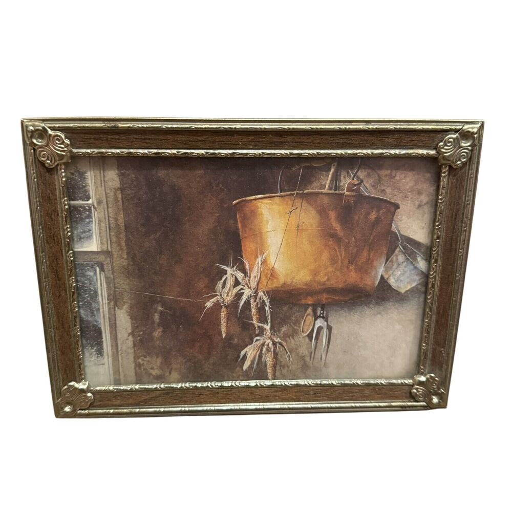 VTG Print Art Photo Framed 4x6” Brass Gold Faux Wood Metal Ornate Standing LN